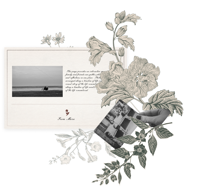 Illustration with vintage postcard and picture to represent Earthbound digital memorial page
